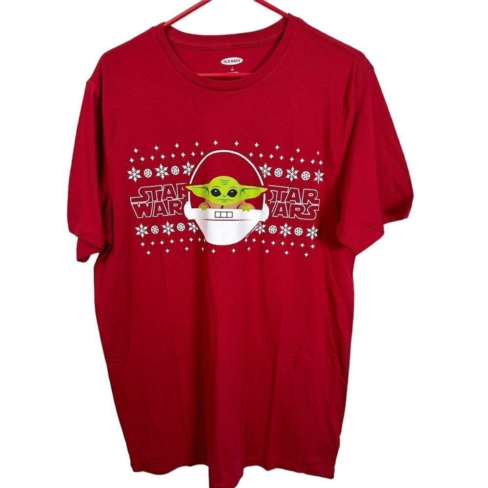 Old Navy Star Wars Grogu Baby Yoda Christmas Graphic Tee Red Large Tall L T‎